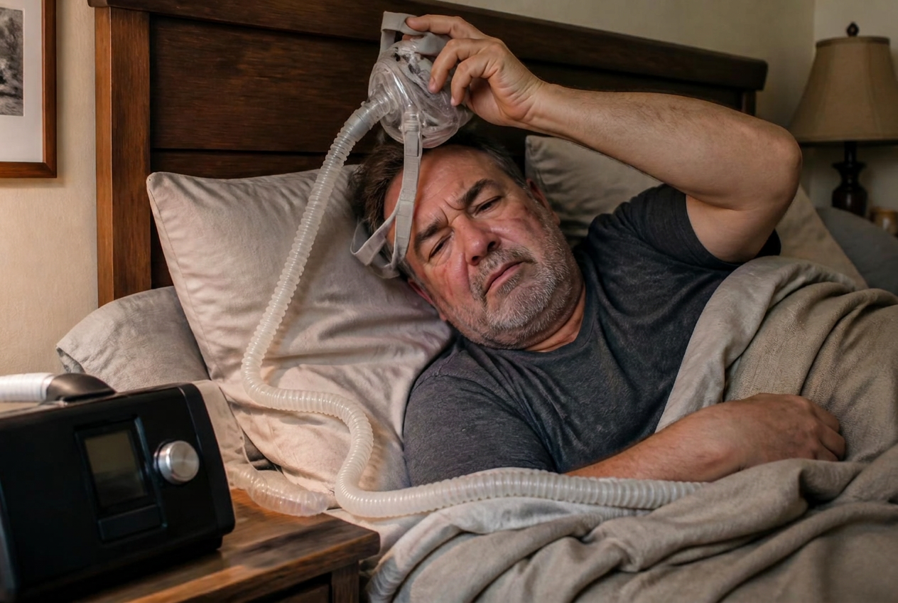 Man in his 50s lying awake in bed, frustrated, pulling a CPAP mask away from his face