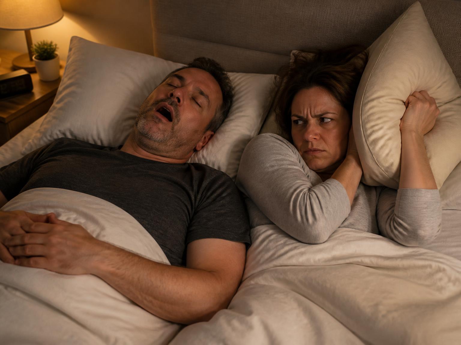 Man snoring in bed at night while his partner lies awake, disturbed